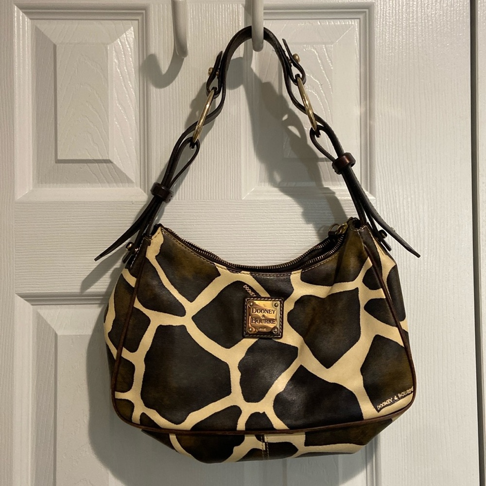 Dooney & Bourke Brown and Cream Giraffe Print Leather Shoulder Hobo Bag Purse